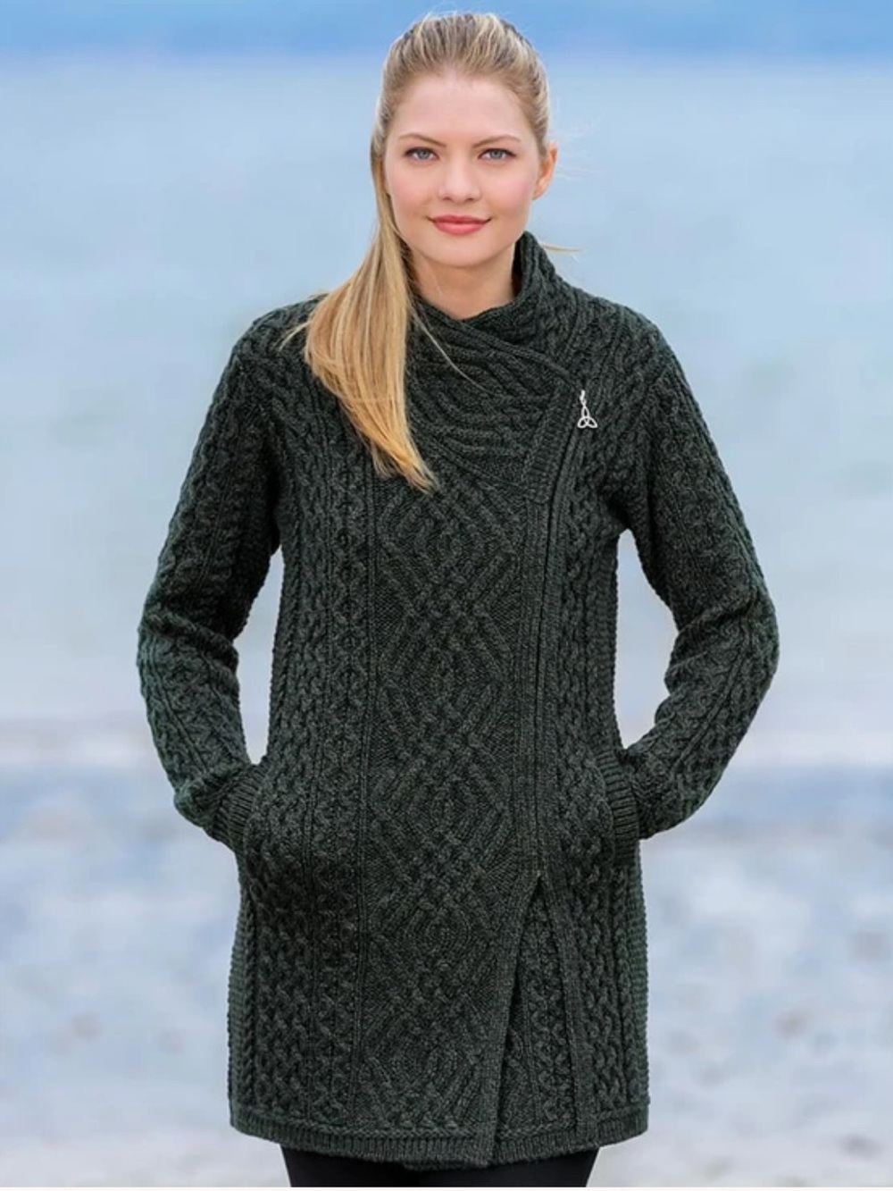 ARAN CRAFTS Cable Knit Coatigan with Celtic Knot Side Zip‎ 100% Merino Wool